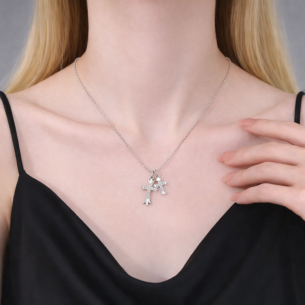 Collier argent Duo Croix Éclat Moissanite