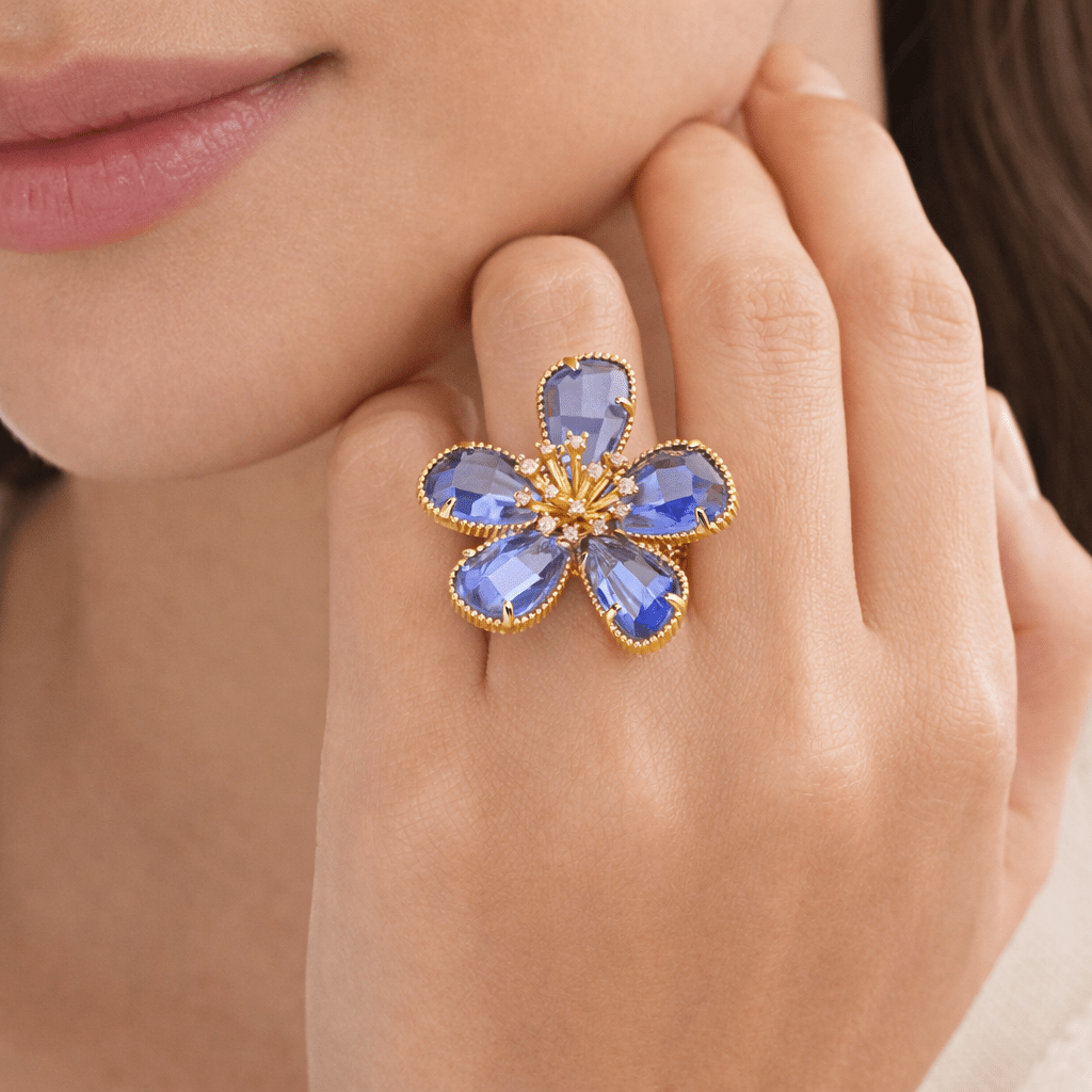 Bague Fleur Cristal Bleu Royal - Erezya
