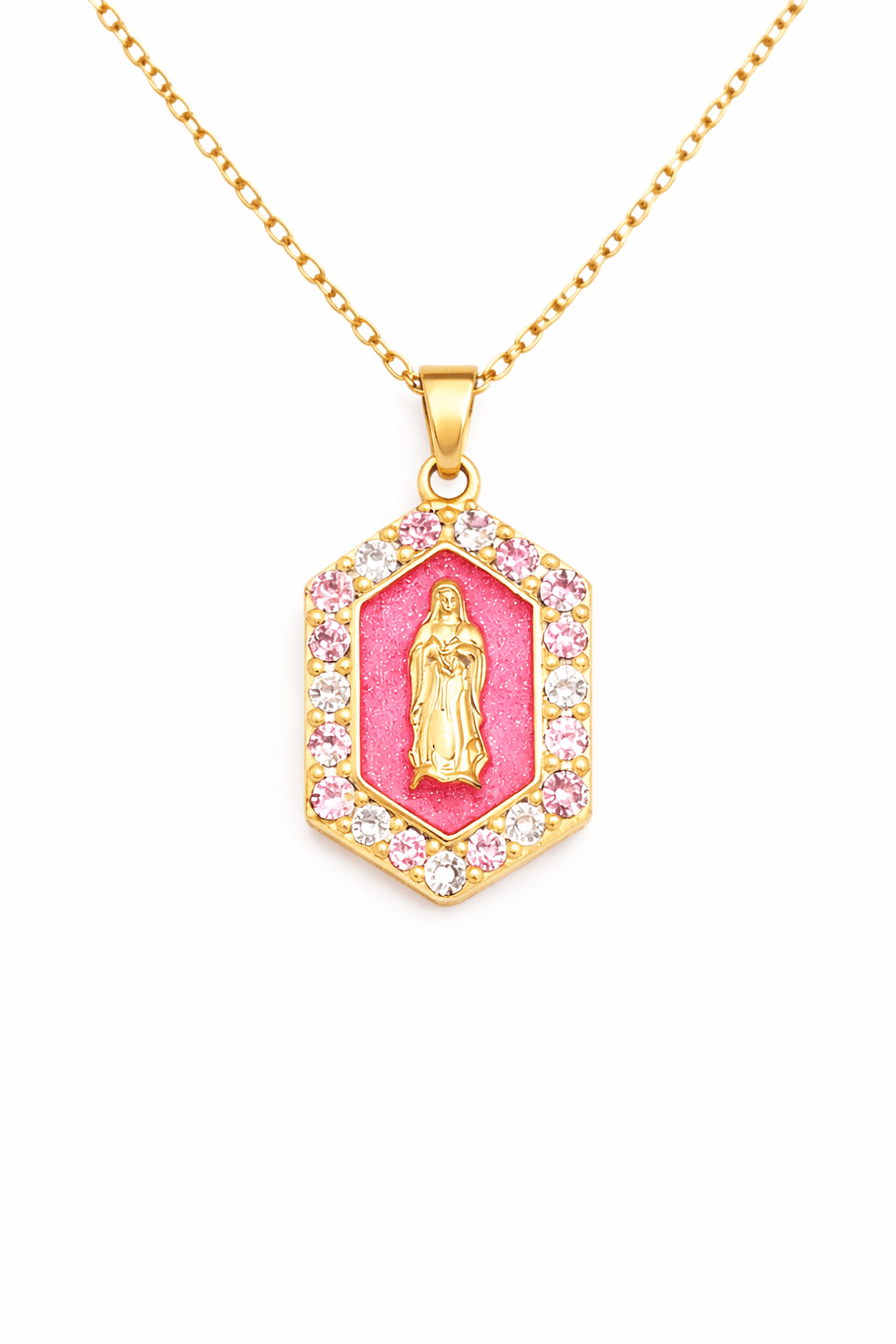 Collier Médaillon Vierge Marie Hexagonal Rose - Erezya