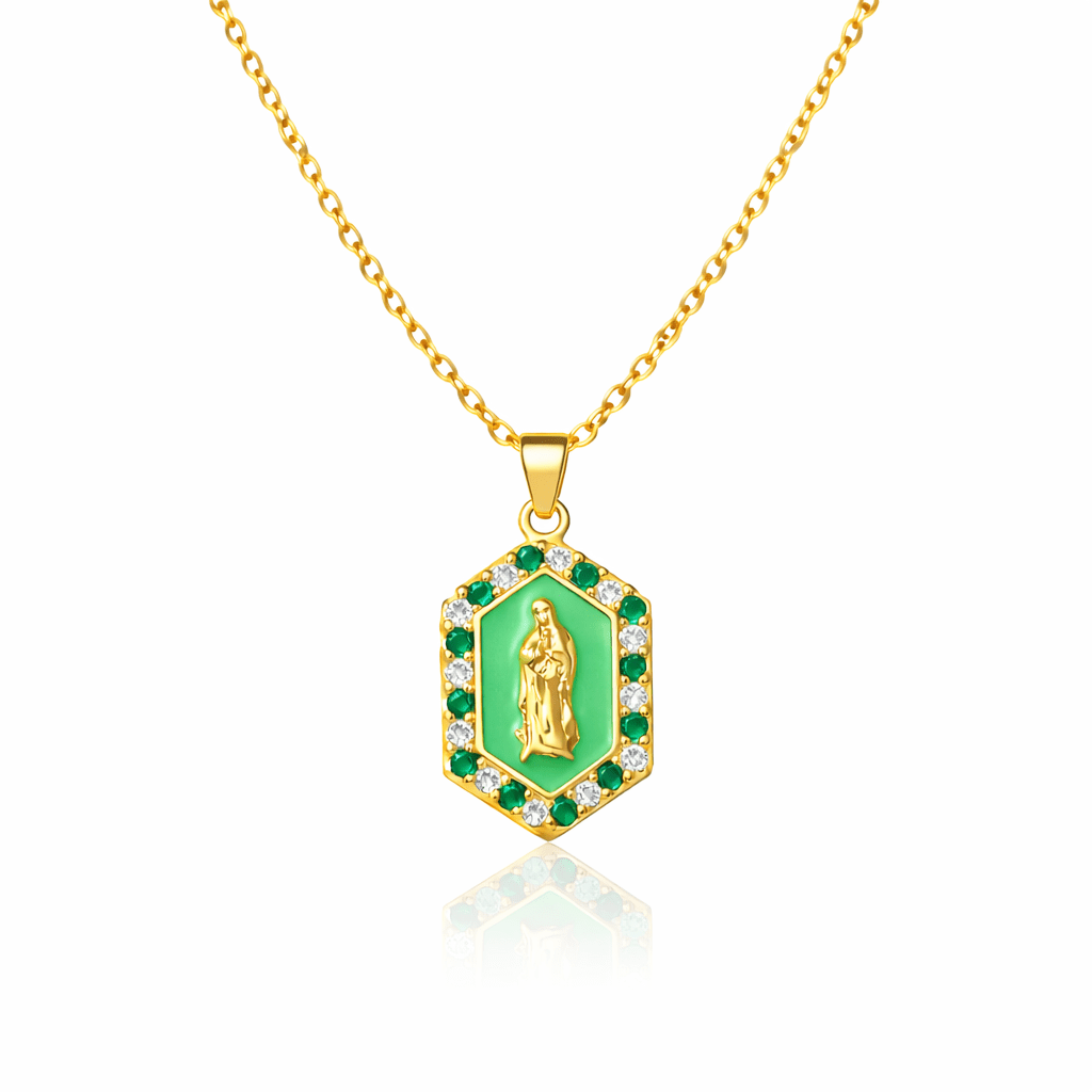 Collier Médaillon Vierge Marie Hexagonal Vert - Erezya